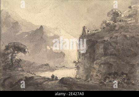 Le révérend William Gilpin, 1724â€“1804, British, Rocky Landscape avec deux figures sur un chemin dans le Centre, entre 1745 et 1748. Lavage gris et brun avec pinceau et encre grise sur graphite sur papier de véve modérément épais, modérément texturé, préparé avec lavage jaune. Falaises , figures , paysage , montagnes , chemin , route , rochers (formes de terrain) , voyage , arbres , marche Banque D'Images