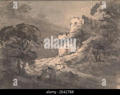 Rév. William Gilpin, 1724â€"1804, Britannique, Paysage avec un château en ruines sur la droite, entre 1745 et 1748. Lavage gris avec pinceau et encre noire sur graphite sur papier beige modérément épais, modérément texturé, préparé avec lavage rose. château , collines , paysage , ruines , arbres Banque D'Images