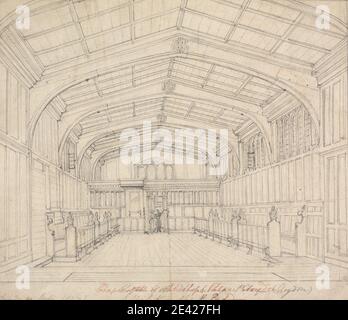 Augustus Welby Northmore Pugin, 1812-1852, Grande-Bretagne, Chapelle du Palais de l'Archevêque, Croydon : vue de l'est, 1827. Graphite et stylo et encre rouge sur papier vélin légèrement texturé, moyen, crème avec une marque de pli. archevêque , sujet architectural , architecture , chapelle , crête , design , palais , gens , ragoûts. Croydon , Angleterre , Londres , Royaume-Uni Banque D'Images