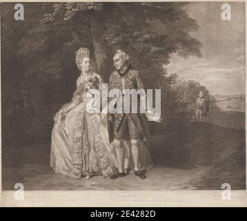 Richard Earlom, 1743 – 1822, British, Thomas King et Sophia Baddely dans le mariage clandestin, 1772. Mezzotint sur papier de fond, légèrement texturé, crème. Acteurs , actrice , brocart , manteau , corsage , robe , geste , robe , chapeau , mouchoir , paysage , thème littéraire , mariage , hommes , jouer , pièces de George Colman l'aîné (bap. 1732, d. 1794) et David Garrick (1717-1779) , portrait , le mariage clandestin, 1766 , théâtre (discipline) , arbres , perruques , femme. Baddeley, Sophia (1745-1786), actrice et chanteuse King, Thomas (1730-1805), comédienne et responsable de théâtre Banque D'Images