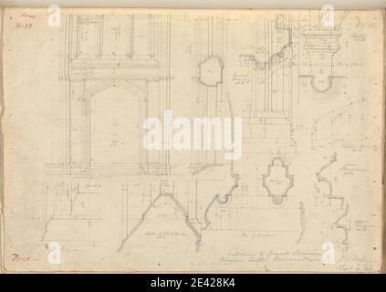 Artiste inconnu, (FT Dollman), Château de Raglan, Monbucshire, pays de Galles: Détails de l'entrée du Grand escalier, 1831. Graphite sur papier vélin moyen, lisse, crème arches , sujet architectural , château , gothique (médiéval) , plans (dessins) , escalier , fenêtres. Monbucshire , Château de Raglan Banque D'Images