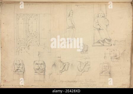 Artiste inconnu, (B Green), Château de Raglan, Monbucshire, pays de Galles : détails de la tracerie et figures sculptées, 1831. Graphite et stylo et encre rose sur papier vélin doux et modérément épais. Animaux , sujet architectural , chiens (animaux) , gothic (médiéval) , grotesques , têtes , machicolations , personnes , plans (dessins) , fenêtres. Monbucshire , Château de Raglan Banque D'Images