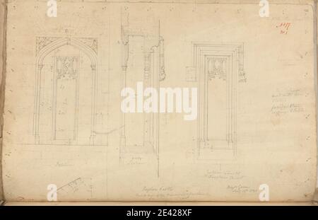 Artiste inconnu, (B Green), Château de Raglan, Monbucshire, pays de Galles: Élévations des fenêtres des Appartements principaux, 1831. Graphite et stylo et encre rose sur papier vélin moyen, légèrement texturé, crème. Sujet architectural , château , gothique (médiéval) , plans (dessins) , sections , fenêtres. Monbucshire , Château de Raglan Banque D'Images