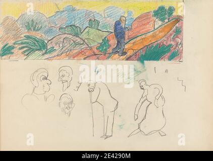 Spencer Frederick Gore, 1878-1914, British, Cave of the Golden Calf: Study for a Mural Decoration, Old Man in Landscape, 1912. Pastel, graphite, et stylo et encre noire sur modérément épais, légèrement texturé, papier de wove crème. art animal , animaux , oiseaux , cabaret , veau (animal) , design , étude de figure , figures , collines , jungle , paysage , murale , route , étude (travail visuel) , arbres , marche. Cité de Westminster , Angleterre , Europe , Londres , la grotte du veau d'or , Royaume-Uni Banque D'Images