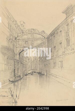 Samuel Prout, 1783â€"1852, Britannique, le Pont des Soupirs, Venise, non daté. Graphite avec trébuchement sur modérément épais, légèrement texturé, papier vélin crème. Sujet architectural , ponts (ouvrages construits) , bâtiments , canal , cellules , paysage urbain , institution correctionnelle , gondoles , gondoliers , calcaire , palais , prison. Pont des Soupirs , Palais des Doges , Italie , Piazzetta di San Marco , Piombi , Ponte della Paglia , Rio di Palazzo , San Marco , Vénétie , Venise Banque D'Images