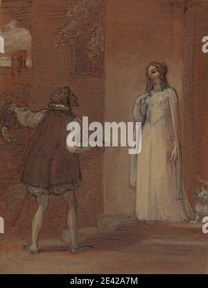 Robert Smirke, 1752–1845, British, Anne page et Slender, 1821. Stylo et encre brune avec lavage brun et gouache sur graphite avec gomme sur modérément épais, légèrement texturé, papier de vache crème collé sur modérément épais, légèrement texturé, papier de vache crème. Breeches , chat (chat domestique) , manteau , courting , robe , étude de figure , fleurs (plantes) , jardin , Gestuelle , thème littéraire , homme , pièces de William Shakespeare , châle , escaliers , parler , les femmes Joyeuses de Windsor, pièce de William Shakespeare , collants , femme , courbatures . Shakespeare, William (1564–1616), dramaturge et poète Shakespeare Banque D'Images