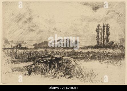 Francis Seymour Haden, 1818-1910, British, A Water Meadow, 1859. Gravure et point sec, avec un ton de plaque sur du papier vélin crème modérément épais, légèrement texturé. Collines , paysage , prairie , roseaux , réflexions , ciel , arbres , eau. Angleterre , Europe , Hampshire , Romsey , Test , Royaume-Uni Banque D'Images