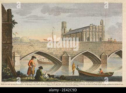 William Henry Toms, env. 1700 environ 1750, British, A perspective View of the Chapel jouxtant Wakefield Bridge, dans le comté de York, qui a été construit par le roi Edward le quatrième en mémoire de son père Richard, duc de York, 1743. Gravure colorée. Banque D'Images