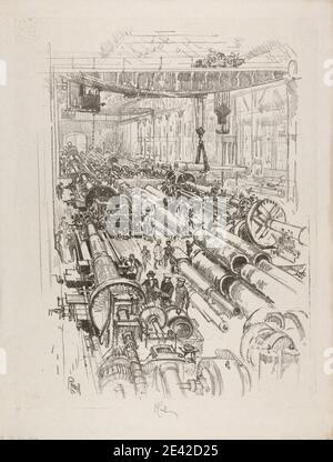 Imprimé par Joseph Pennell, 1860-1926, American, The Gun Shop, 1917. Lithographie sur support, crème, papier légèrement texturé. Canons (artillerie) , usine , genre sujet , canons , industrie , ouvriers , hommes , magasin , guerres , armes et munitions , Guerre mondiale, 1914-1918 Banque D'Images