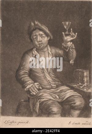 Imprimé par John Smith, 1652â€“1743, British, UN buveur, non daté. Mezzotint sur du papier légèrement épais, modérément texturé, crème, couché. Banque D'Images