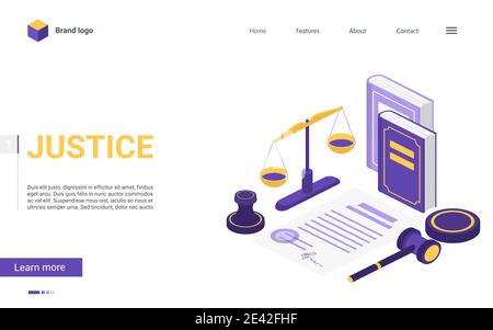 Illustration vectorielle de justice isométrique et de cabinet d'avocats. Dessin animé 3d concept page d'accueil avec des articles de salle d'audience, marteau de juge avocat, stylo balance de justice, les livres de jugement juridique symbole de cour Illustration de Vecteur