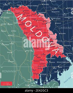 Moldavie carte détaillée modifiable avec régions villes, routes et chemins de fer, sites géographiques. Fichier vectoriel EPS-10 Illustration de Vecteur