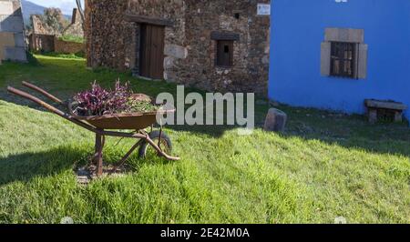 Ancienne barrow rouillée réutilisée comme jardinière sur la place du village de Granadilla. Ville médiévale évacuée en 1965, connue pour être réhabilitée. Extremadura, SP Banque D'Images