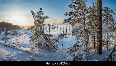 Paysage d'hiver avec couvert de sapin et de pins sur la colline près de la côte de mer. Journée d'hiver ensoleillée sur la côte enneigée de la mer entourée de forêts de conifères Banque D'Images