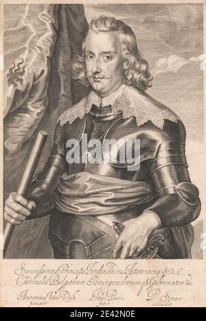 John Paine, 1623â€"1700, français, Serenissimus Princeps Ferdinandus Austriacus S.R.E, Cardinalis Belgarum Bourgundorumq & Gubernator & c, ca.1635. Gravure en ligne, gravure en crépettes et gravure sur moyen, légèrement texturé, blanc brun, papier peint, modérément épais, légèrement texturé, crème, papier peint. armure , cardinal , collier , commandant , drapery , gouverneur , homme , art militaire , moustache , collier , noblesse , portrait , sujet religieux et mythologique , royauté , sash , gaine , personnel , épée. Fernando, Infante d'Espagne (1609-1641), noble et patron espagnol Banque D'Images