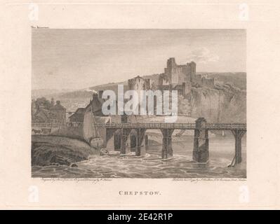 Imprimé par James S. Storer, 1771â€"1853, British, Chepstow, 1794. Gravure en ligne sur support, légèrement texturé, papier de vélin crème. Pont , panier , château , cheminée , ville , falaise , nuages , vue lointaine , colline , cheval , paysage , homme , rivière , berge , rocher , barque , ruines , voilier , fumée , wagon , eau. Chepstow , Pont Chepstow , Château Chepstow , Monbucshire , Royaume-Uni , pays de Galles , Wye Banque D'Images