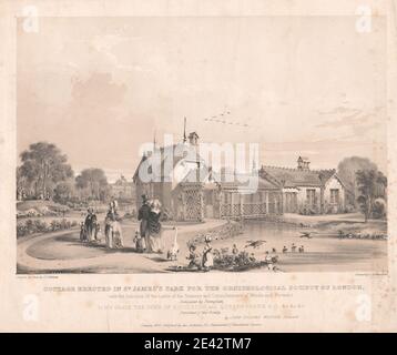 John Burgess Watson, actif 1824–1840, Cottage érigé dans le parc St. James pour la Société ornithologique de Londres, 1841. Banque D'Images