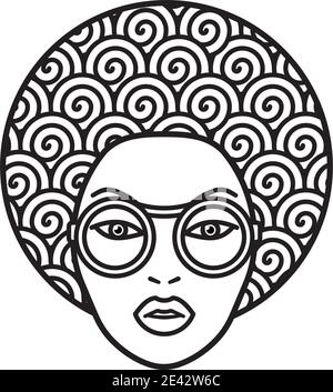 Cheveux bouclés belle femme africaine visage avec lunettes de soleil ligne vectorielle Icône pour la Journée africaine du 15 septembre Illustration de Vecteur