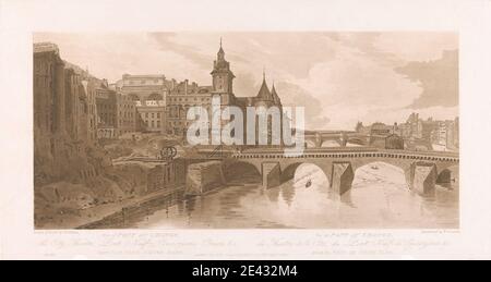 Frederick Christian Lewis l'aîné, 1779-1856, British, vue de Pont au change, Théâtre de la Cité, Pont neuf et prison de la conciergerie, 1803. Gravure et aquatint à sol mou, état publié. Bourse de Paris , conciergerie , Europe , France , Paris , Pont au change , Pont neuf , Seine , Théâtre de la ville - Sarah-Bernhardt , ville de Paris, Département de , ÃŽle-de-France Banque D'Images