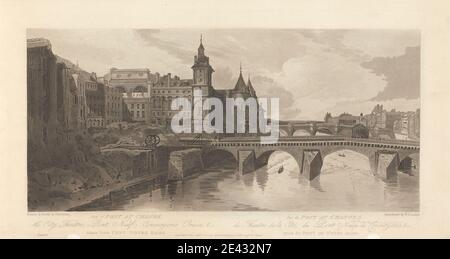 Thomas Girtin, 1775–1802, British, vue de Pont au change, Théâtre de la ville, Pont neuf, prison de la conciergerie, etc., pris de Pont notre Dame, 1803. Aquatint. Bourse de Paris , conciergerie , Europe , France , Paris , Pont au change , Pont neuf , Seine , Théâtre de la ville - Sarah-Bernhardt , ville de Paris, Département de , ÃŽle-de-France Banque D'Images