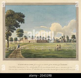 Charles Tomkins, 1757–1823, British, Hanworth Park, Middlesex, non daté. Aquarelle et gouache avec plume et encre noire et brune sur papier vélin moyen, légèrement texturé, crème. Sujet architectural , clôture , figures , herbe , granges à cheval , maison , paysage , parc (terrain) , moutons , arbres. Angleterre , Europe , Hanworth , Hanworth Park House , Hounslow , Royaume-Uni Banque D'Images