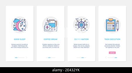 Gestion d'entreprise, illustration du vecteur de concept d'exécution de la coordination du temps. UX, écran de page d'application mobile d'intégration d'interface utilisateur avec tâches de coordination de ligne, symboles abstraits de pause-café de sommeil Illustration de Vecteur