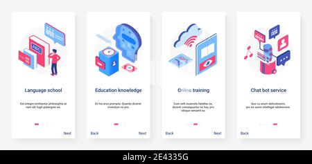 Cours de formation en ligne isométrique, illustration vectorielle de l'éducation. UX, UI Onboarding mobile application page écran set avec dessin animé 3d symbole éducatif de la connaissance des élèves, école de langue, chat bot service Illustration de Vecteur