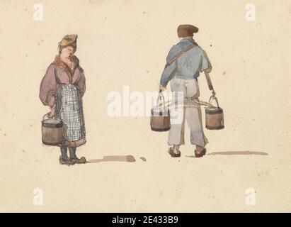 Ambrose Poynter, 1796â€"1886, British, Sketches from Life in Paris: Woman and Man Charpeuses Buckets, ca. 1835. Aquarelle sur graphite sur papier vélin moyen, légèrement texturé, crème. Seaux , chapeau (coiffeur) , sabots , genre sujet , homme , pantalons , paysans , jupe (vêtement) , femme. Europe , France , Paris , ÃŽle-de-France Banque D'Images