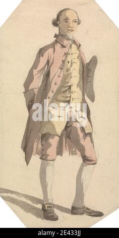 William Marlow, 1740â€“1813, Britannique, homme pleine longueur avec chapeau tricorne sous le bras gauche, non daté. Aquarelle sur graphite sur papier moyen, légèrement texturé, crème. Culottes, genou , boucles , manteau , costume , genre sujet , homme , chaussures (chaussures) , stock , bas , tricorne , gilet Banque D'Images