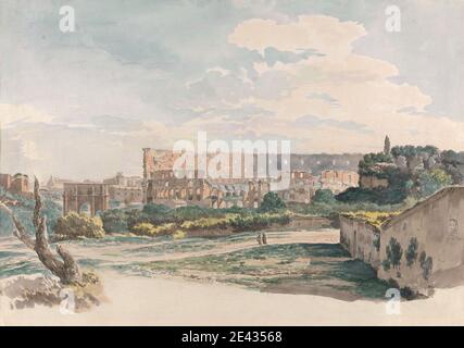 Carlo Labruzzi, 1748â€"1817, Italien, le Colisée du Mont Caelien, avec l'Arc de Constantine et une vue du Forum, Rome, non daté. Aquarelle et graphite sur papier de couleur crème, légèrement texturé, moyen. Arc , sujet architectural , paysage urbain , colisée , ruines. Arc de Constantine , Colosseum , Italie , Forum romain , Rome , Basilique Saint-Pierre Banque D'Images
