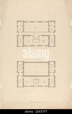 Roger Morris, 1695–1749, British, Whitton House, Middlesex : plans d'étage mezzanine et attique, entre 1732 et 1739. Graphite, stylo et encre noire et gris laver sur papier beige moyen, légèrement texturé à une échelle de 1/10 pouces à 1 pied. Sujet architectural, grenier (espace intérieur), maisons de campagne, plan d'étage, vue intérieure, mezzanine. Angleterre , Europe , Middlesex , Royaume-Uni Banque D'Images