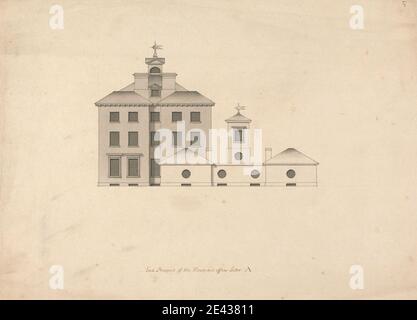 Roger Morris, 1695–1749, British, Whitton House, Middlesex : élévation du front est, entre 1732 et 1739. Graphite, stylo et encre noire et gris laver sur meidum, légèrement texturé, beige papier vélin à une échelle de 1/10 pouces à 1 pied. Sujet architectural, maison de campagne, vue extérieure. Angleterre , Europe , Middlesex , Royaume-Uni Banque D'Images