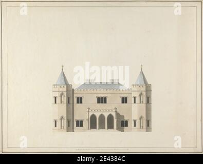 James Wyatt, 1746–1813, British, cinq dessins pour une maison de style gothique : Elevation, 1791. Aquarelle et lavage gris sur stylo et encre noire sur papier vélin crème modérément épais, légèrement texturé. Sujet architectural , cheminées (éléments architecturaux) , élévations (dessins) , escaliers Banque D'Images