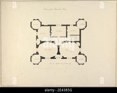 James Wyatt, 1746–1813, British, Five Designs for a House in the Gothic style: Plan of the Chamber Story, 1791. Stylo et encre noire sur papier vélin crème modérément épais et modérément texturé.. Sujet architectural , octogonal , ovale , plan (dessin) , escaliers Banque D'Images