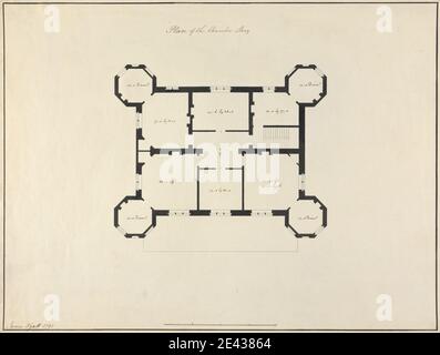 James Wyatt, 1746–1813, British, Five Designs for a House in the Gothic style: Plan of the Chamber Story, 1791. Stylo et encre noire sur papier vélin crème modérément épais, légèrement texturé. Sujet architectural , octogonal , plan (dessin) , escaliers Banque D'Images