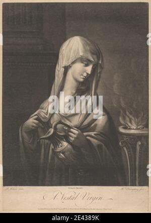 Imprimé de William Humphrey, 1745â€“1810, British, A Vestal Virgin, 1770. Mezzotint sur du papier beige modérément épais, modérément texturé. Ewer , feu , pilier , religion romaine priestess , sujet religieux et mythologique , Roman , sacrifice , fumée , temple , voile , vierge(s) Vestale , vierge(s) Banque D'Images