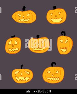 Ensemble de citrouilles d'Halloween Vector. Style d'illustration dessiné à la main. Lanterne d'Halloween. Illustration de Vecteur