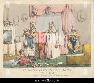 Imprimé réalisé par Henry Thomas Alken, 1785–1851, British, The Infant, 1824. Gravure en masse douce avec coloration à la main sur du papier de vélin crème modérément épais et légèrement texturé. Comme vous l'aimez, Act II, scène VII , bonnets , livres , bouteilles , garçons , gardiens , tapis , chaises , enfants , poupée en tissu , berceau , pleurs , tasses , rideaux , drapery , robes , tambour (instrument de musique) , fers à feu , cheminée , fourchette , genre sujet , fille , maison , femme au foyer (personne) , humour , enfants , intérieur , thème littéraire , manteau (composante cheminée) , mère , nannies , collier , peintures , papiers (document Banque D'Images