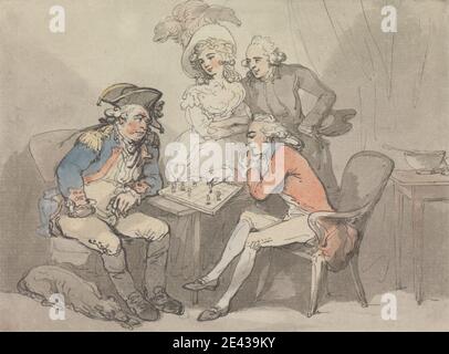 Thomas Rowlandson, 1756â€"1827, Britannique, Checkmate, non daté. Aquarelle avec stylo et encre noire sur graphite sur papier blanc bleuté, légèrement texturé. Chaises , échecs , chien (animal) , verre à boire , plumes , genre sujet , chapeaux , hommes , uniforme militaire , punch Bowl , femme Banque D'Images