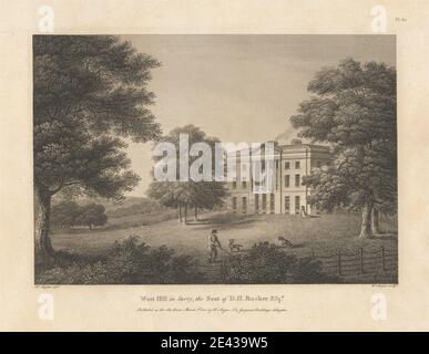 Imprimé par William Angus, 1752–1821, British, West Hill, Surrey, The Seat of D. H. Rucker Esqr, 1810. Gravure et gravure de ligne sur papier de vache crème modérément épais, légèrement texturé. Sujet architectural , architecture , culottes , bétail , cheminées , manteau , colonnes (éléments architecturaux) , maison de campagne , chiens (animaux) , clôtures , genre sujet , robe , maison , travail , paysage , manoir , manoir , hommes , noblesse , paysan , pediment , fumée , personnel (bâton de marche) , chapeau , arbres , marche , femme , travailleur , travail . Angleterre , Grand Londres , Putney , Royaume-Uni , Banque D'Images