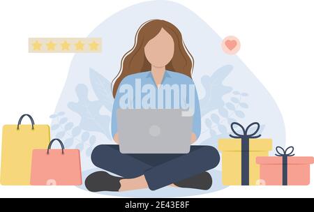Femme assise avec un ordinateur portable, des cadeaux et des sacs à provisions. Concept pour les achats en ligne. Illustration de Vecteur