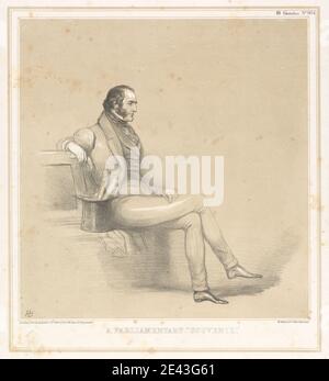 Imprimé par John Doyle ('H.B.'), 1797-1868, Irlandais, UN souvenir parlementaire, 1848. Lithographie à l'encre marron et noire sur papier vélin beige modérément épais. Banc , projets de loi , genre sujet , homme , Parlement , parodie , politique , politicien , portrait , satire , manuscrits , assis , croquis , souvenir , réfléchi , chapeau de tête. Bentinck, Lord George (1802-1848), homme politique/homme d'État, athlète/sportif Banque D'Images