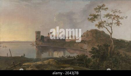 Richard Wilson RA, 1714–1782, Britannique, actif en Italie (1750–56), UNE soirée d'été (Château de Caernarfon), entre 1764 et 1765. Sujet architectural , baie (plan d'eau) , bateaux , château , crépuscule , soirée , clôture , pêcheurs , pêche , colline , paysage , nuit , rivière , barques , pierre , été. Caernarfon , Château de Caernarfon , Caernarfonshire et Merionethshire , Cymru , Gwynedd , Seiont , Royaume-Uni , pays de Galles Banque D'Images
