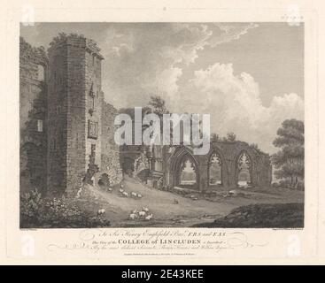 Imprimé par William Byrne, 1743â€"1805, British, The Ruins of the College of Lincluden, 1782. Gravure et gravure en ligne sur papier beige modérément épais, légèrement texturé, arches , sujet architectural , blocs , nuages , champs , fleurs (plantes) , troupeau , collines , homme , ruines , sculptures , mouton , berger , statues , ruisseau , arbres. Dumfries and Galloway , Lincluden Collegiate Church , Nith , Écosse , Royaume-Uni Banque D'Images