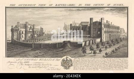 Imprimé par Samuel Buck, 1696â€“1779, British, The South-West View of Battel-Abbey, dans le comté de Sussex, 1737. Gravure sur papier crème modérément épais, légèrement texturé. abbaye , arches , sujet architectural , clôtures , champs , jardins , portes , maisons , vergers , plantes , vitraux , tours , tourelles , murs , fenêtres. Battle , Battle Abbey , East Sussex , Angleterre , Sussex , Royaume-Uni Banque D'Images