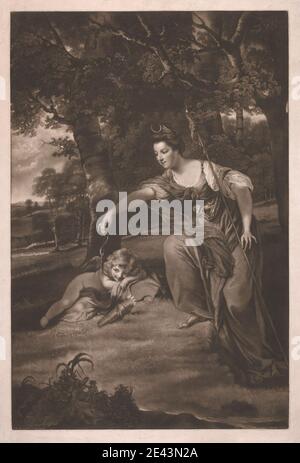 Imprimé par James Watson, 1740â€"1790, Britannique, duchesse de Manchester avec son fils George, le vicomte Mandeville, comme 'diana et Cupid', 1769. Mezzotint sur modérément épais, modérément texturé, crème, papier peint. Flèches , arc , croissant lunes , couronne , robe , forêt , déesse , mère , portrait , fils , lances (armes) , ailes. Cupid Montagu, George Viscount Mandeville (1763 – 1772) Montagu, Elizabeth (néé Dashwood), Duchesse de Manchester (1740/1741 – 1832) Diana Banque D'Images