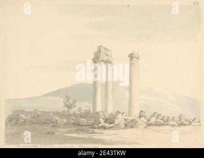 Sir Robert Smirke le plus jeune, 1781â€"1867, Anglais, vestiges du Temple de Jupiter dans les plaines de Nemea, Grèce, 1803. Lavage gris, lavage bleu et graphite sur papier vélin moyennement épais, moyennement texturé, beige. Banque D'Images