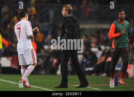 Franck Ribery, de Bayern, est abattu lors du match de football de la Ligue des champions de l'UEFA, du quart de finale, du First Leg, du FC Barcelone contre le Bayern Munich, au stade Camp Nuo de Barcelone, en Espagne, le 8 avril 2009. Le FC Barcelone a battu le Bayern Munich 4-0. Photo de Steeve McMay/ABACAPRESS.COM Banque D'Images