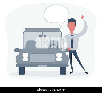 Homme d'affaires se trouve près de sa voiture et agite avec quelqu'un. Dire Bonjour. Illustration de Vecteur