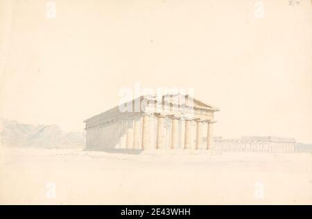 Sir Robert Smirke le plus jeune, 1781â€"1867, Britannique, deuxième Temple de Hera, dans le Foreground, Premier Temple de Hera en arrière-plan, à Paestum, 1802-1804. Aquarelle, graphite, stylo et encre brune sur du papier légèrement épais, moyennement texturé, beige. Banque D'Images